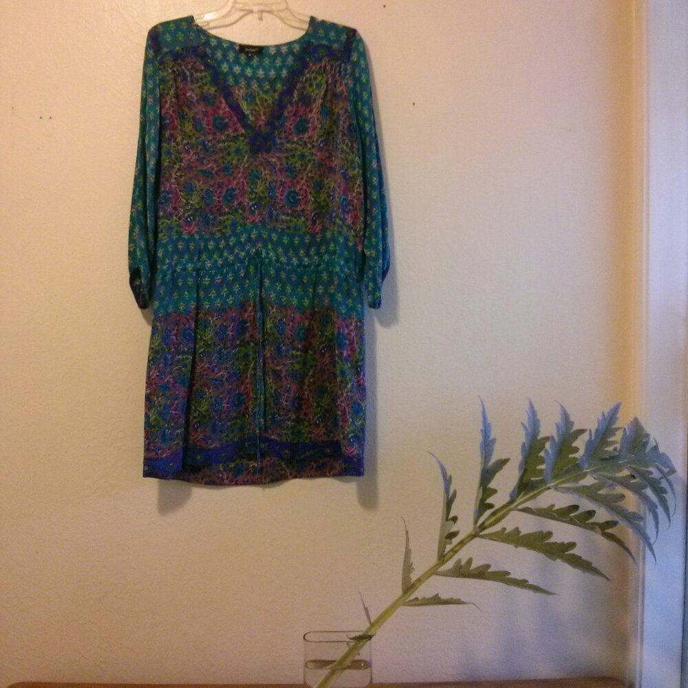 Anthro Tolani Silk Mixed Print Tunic Dress Boho Gypsy Eclectic -Size M 70s Boho